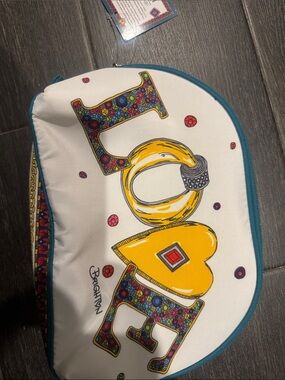Brighton White Cosmetic Pouch with Multicolor 'LOVE' Graphic and Teal Trim
